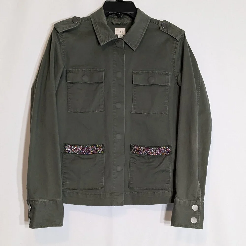 A NEW DAY Olive Army Green Casual Cotton Long Sleeve Snap Bling Jacket; Size M